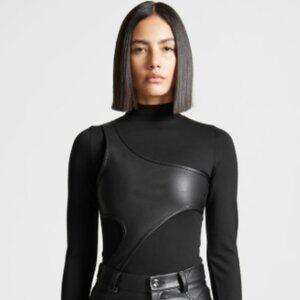 Maniere De Voir Leather Overlay High Neck Bodysuit